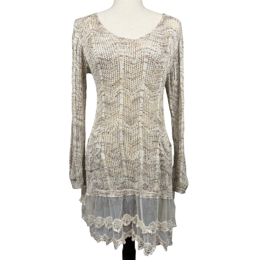 Ryu Cream Knit Tunic Dress w Lace Hem Boho Cottagecore M/L